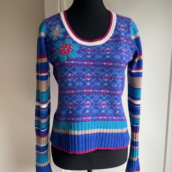 Vintage 80s Graphic Scoop Neck Sweater Periwinkle Blue Teal - Picture 1 of 9